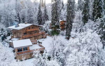 France – Megève – Chalet – Location Saisonnière – 12 adultes + 3 enfants – 7 chambres – 350 m² – Paysages de Montagne et Forêts enneigées